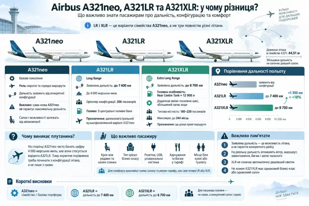 A321neo vs A321LR vs A321XLR: порівняння характеристик A321neo vs A321LR vs A321XLR: порівняння характеристик